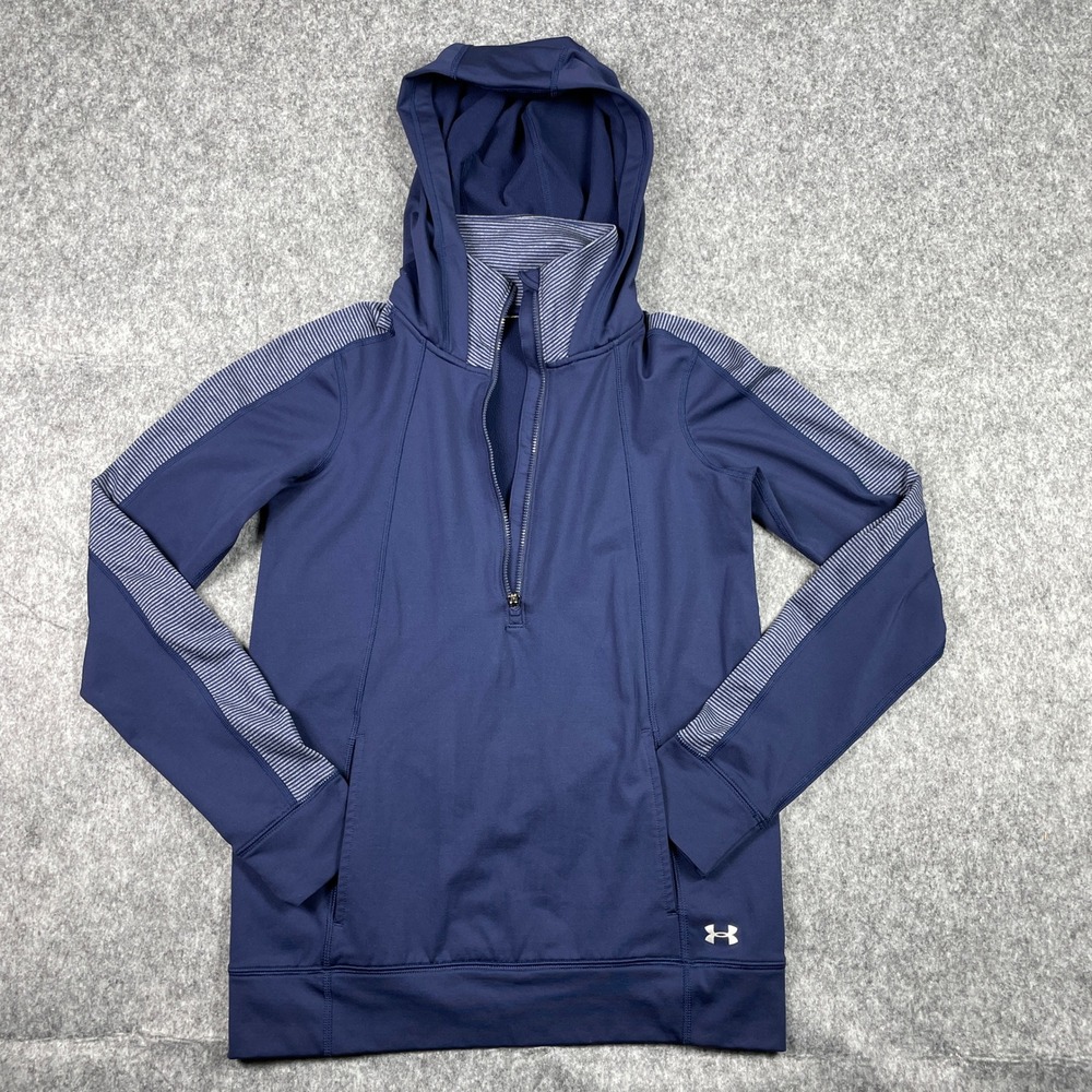 Under Armour Hoodie Womens Small Navy Blue Quarter Zip Striped Sleeve Pullover